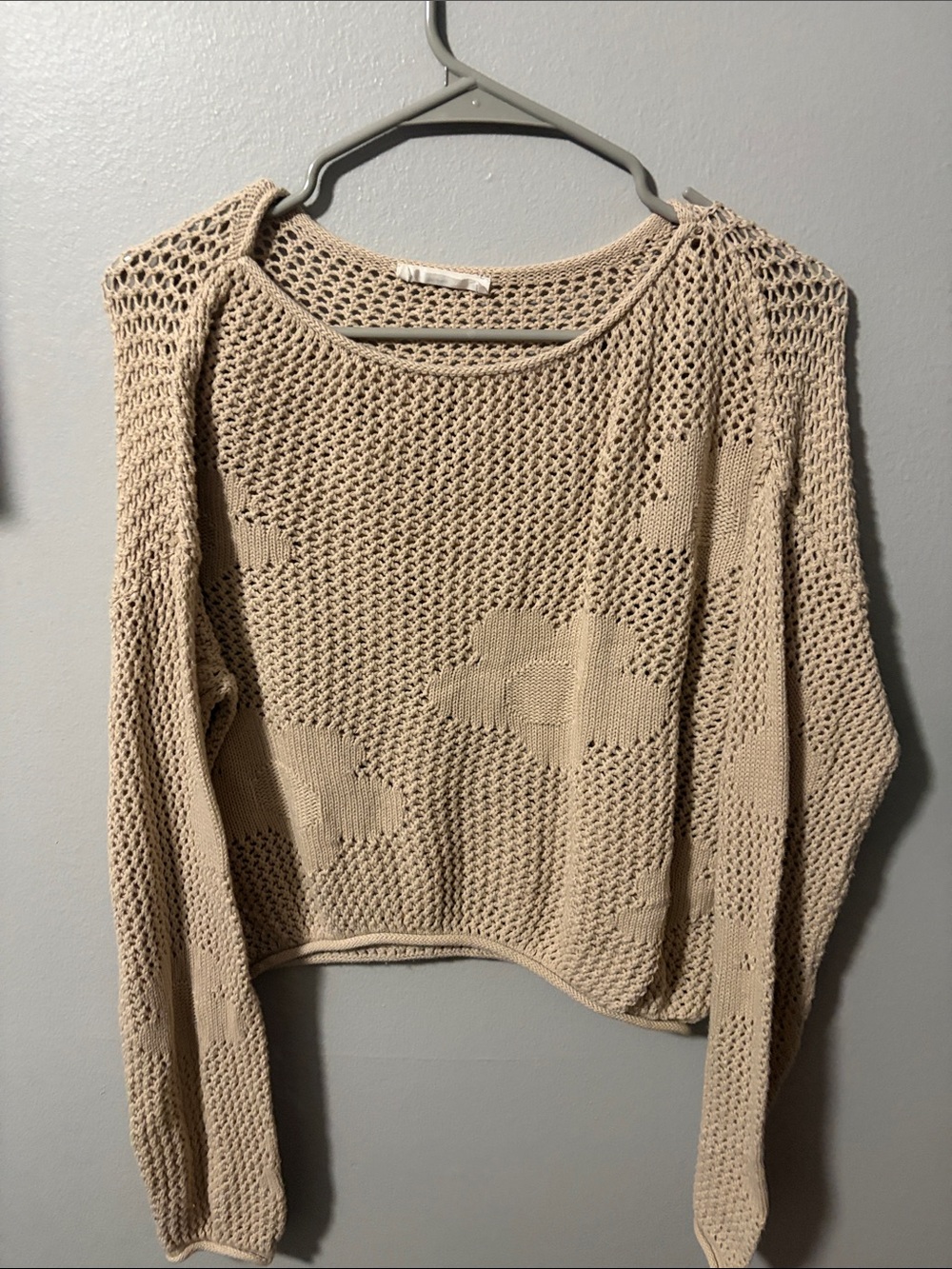 Open-Knit Scoop Neck Sweater in Light Beige